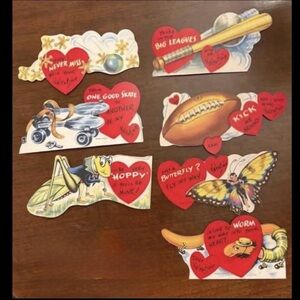 7 vintage valentines butterfly football baseball bat worm skates Jax grasshopper